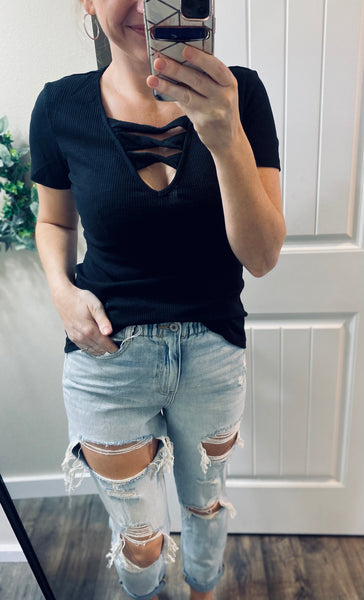 Ribbed Cross Short Sleeve Top