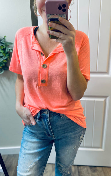Neon Coral Button Short Sleeve