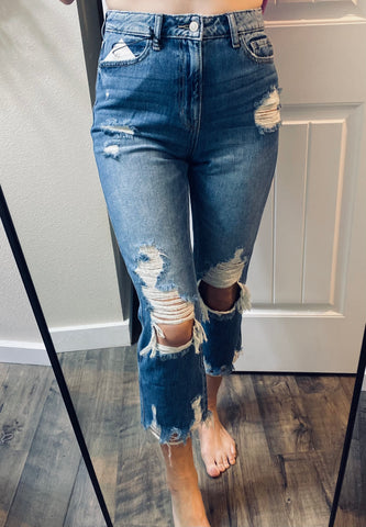 Midwash Tattered Straight Cropped Denim