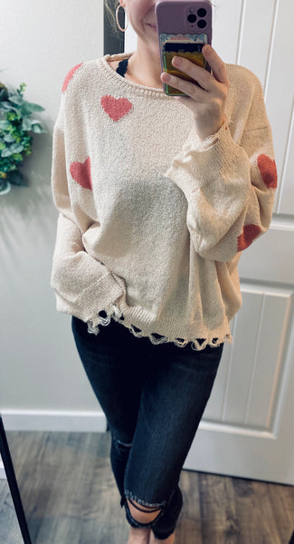 Cream Heart Distressed Sweater