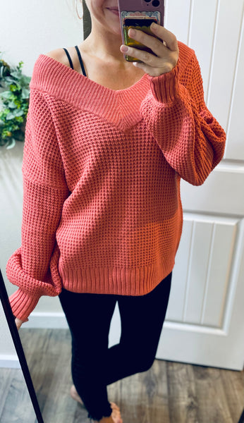 Coral Pink Waffle V on/off Shoulder Sweater