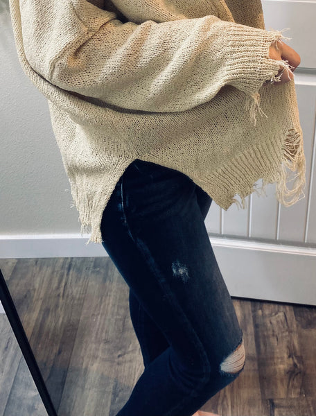 Cream Frayed Distressed Oversize Sweater
