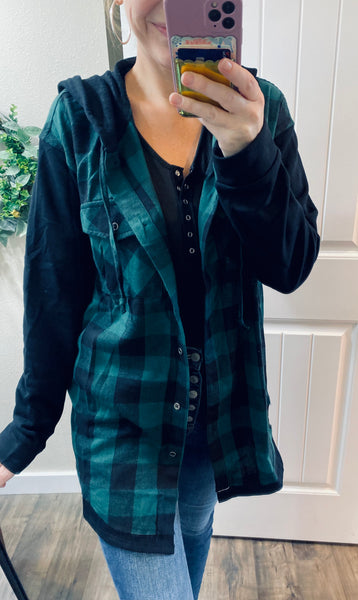 Green/Black Hooded Plaid Button-up