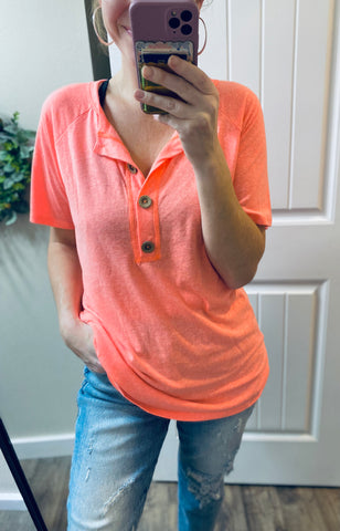 Neon Coral Button Short Sleeve