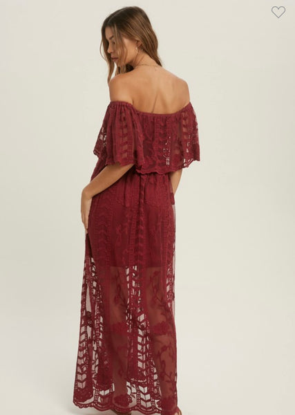 Burgundy Lace Overlay Maxi Dress