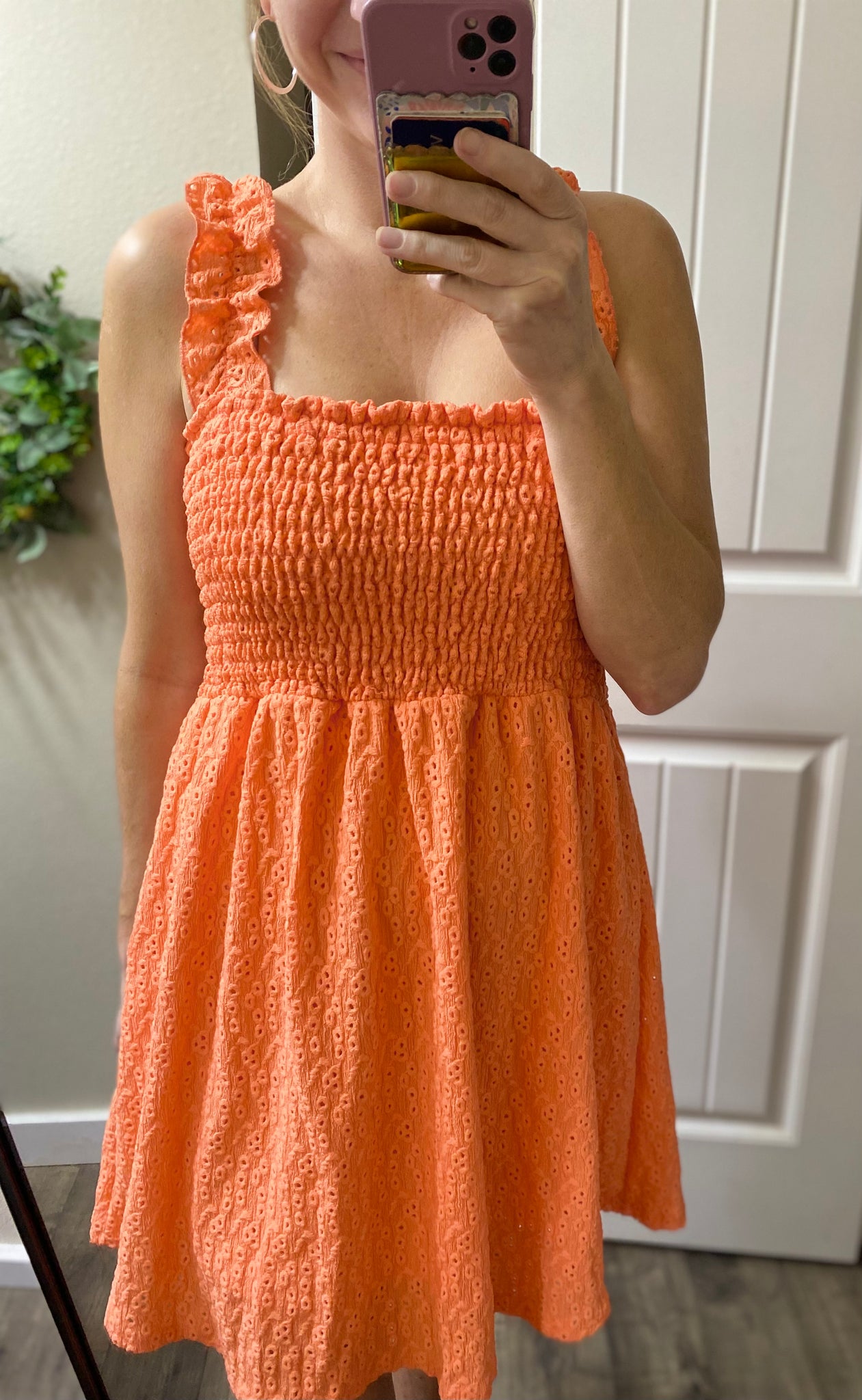 Coral Smocked Eyelet Dress