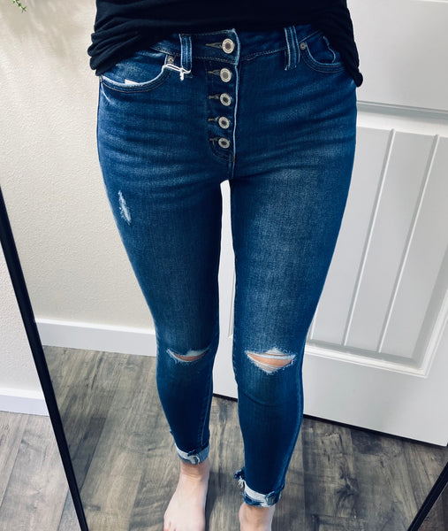 Kancan Buttonfly Distressed Denim