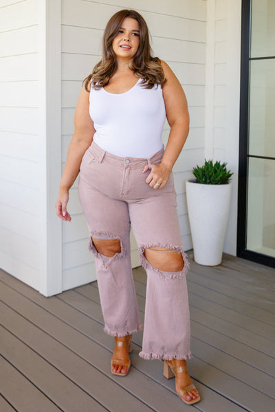 Risen Distressed Straight Jeans in Mauve