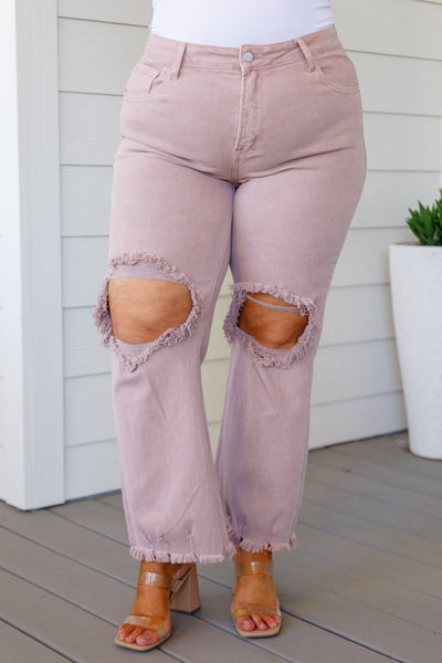 Risen Distressed Straight Jeans in Mauve