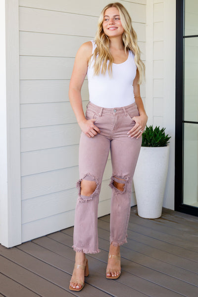 Risen Distressed Straight Jeans in Mauve