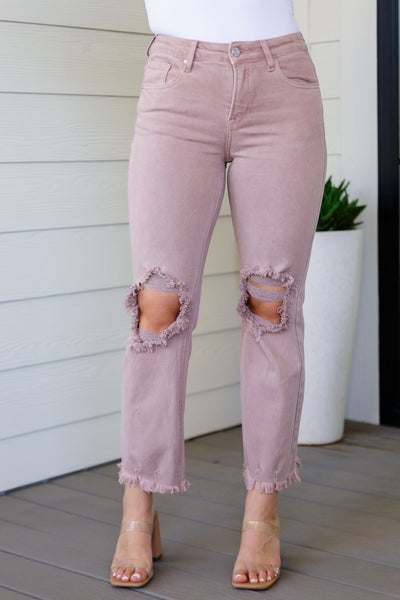 Risen Distressed Straight Jeans in Mauve