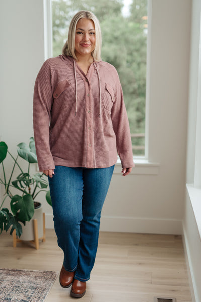 Mauve Waffle-Knit Hooded Pullover