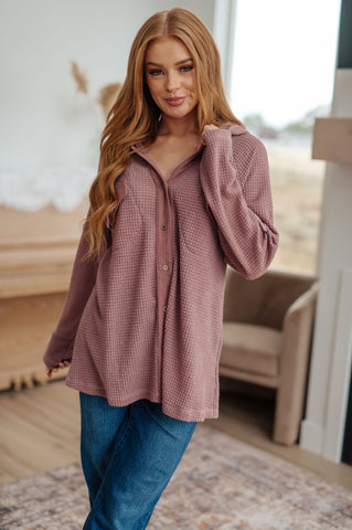 Mauve Waffle-Knit Hooded Pullover