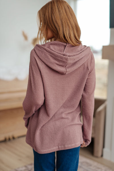 Mauve Waffle-Knit Hooded Pullover