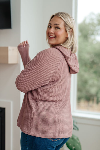 Mauve Waffle-Knit Hooded Pullover