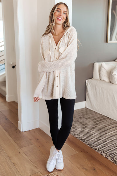 Waffle-Knit Hooded Pullover in Ecru