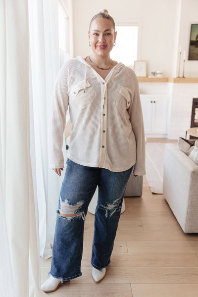 Waffle-Knit Hooded Pullover in Ecru