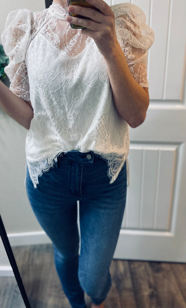 White Lace Puff Sleeve Blouse