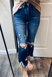 Darkwash Cropped Mom Distressed Denim