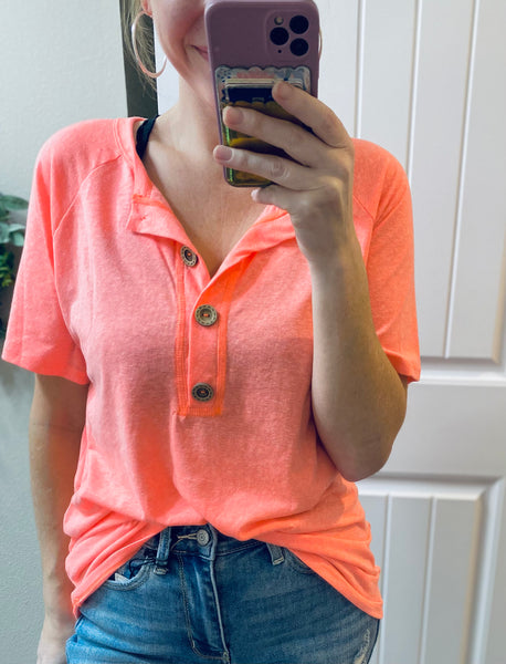 Neon Coral Button Short Sleeve