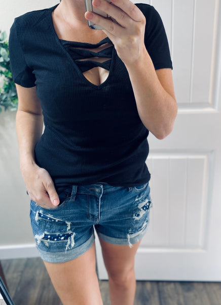 Ribbed Cross Short Sleeve Top