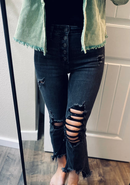 Black Wash Buttonfly Raw Hem Distressed Crop Denim