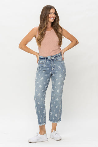 Judy Blue Frayed Star Straight Leg Cropped Denim