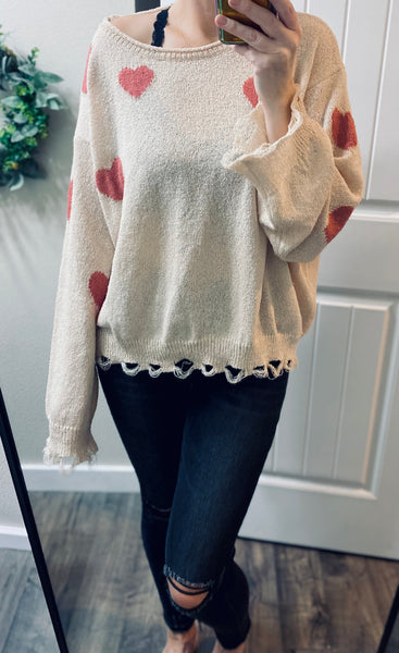 Cream Heart Distressed Sweater