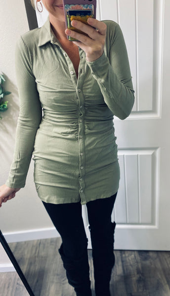 Dusty Olive Ruched Mini Dress