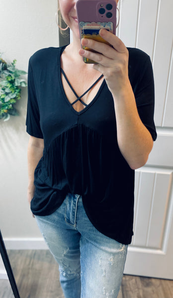 Black Cross Flowy Short Sleeve Top