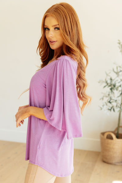 Wrinkle Free Flare Sleeve Top in Lavender