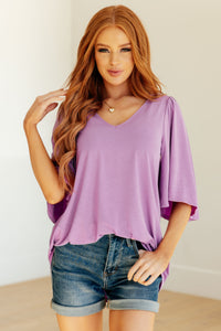 Wrinkle Free Flare Sleeve Top in Lavender