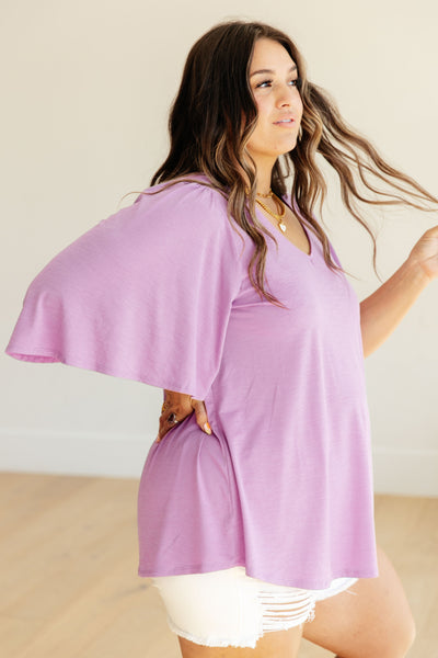 Wrinkle Free Flare Sleeve Top in Lavender