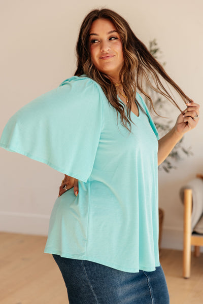 Wrinkle Free Flare Sleeve Top in Neon Blue