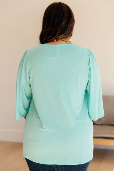 Wrinkle Free Flare Sleeve Top in Neon Blue