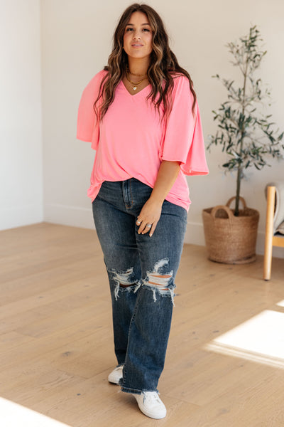 Wrinkle Free Flare Sleeve Top in Neon Pink