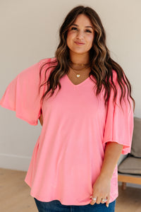 Wrinkle Free Flare Sleeve Top in Neon Pink