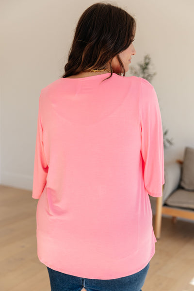 Wrinkle Free Flare Sleeve Top in Neon Pink