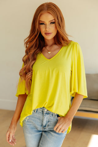 Wrinkle Free Flare Sleeve Top in Neon Yellow