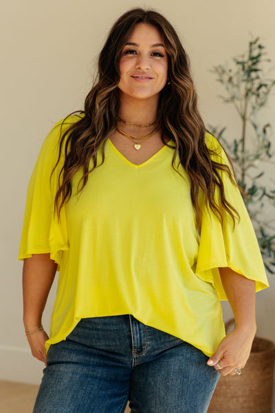 Wrinkle Free Flare Sleeve Top in Neon Yellow