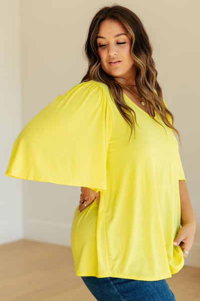 Wrinkle Free Flare Sleeve Top in Neon Yellow