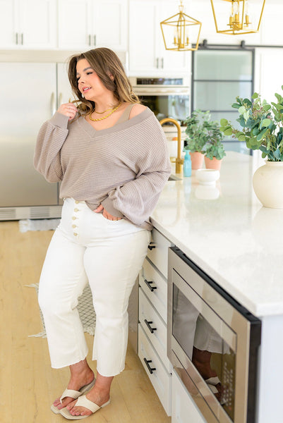 Mocha V-Neck On/Off Shoulder Waffle Knit Top