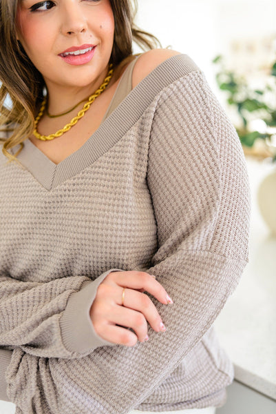 Mocha V-Neck On/Off Shoulder Waffle Knit Top