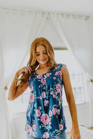 Navy Floral Cap Sleeve Blouse