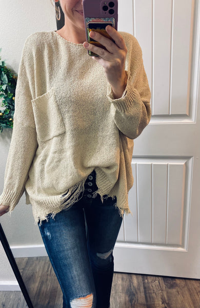 Cream Frayed Distressed Oversize Sweater