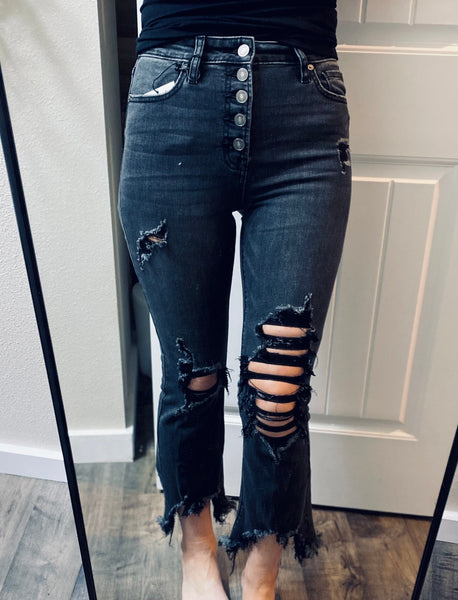 Black Wash Buttonfly Raw Hem Distressed Crop Denim