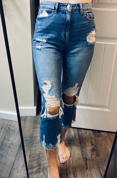 Midwash Tattered Straight Cropped Denim
