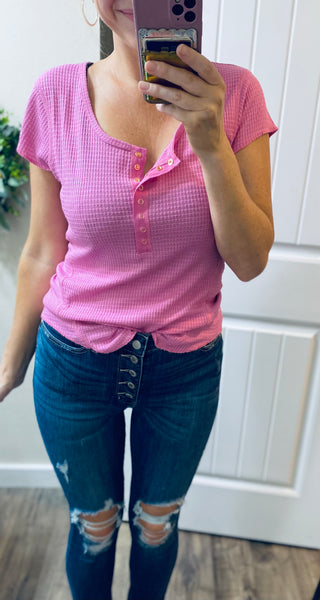 Snap Button Henley Short Sleeve Top