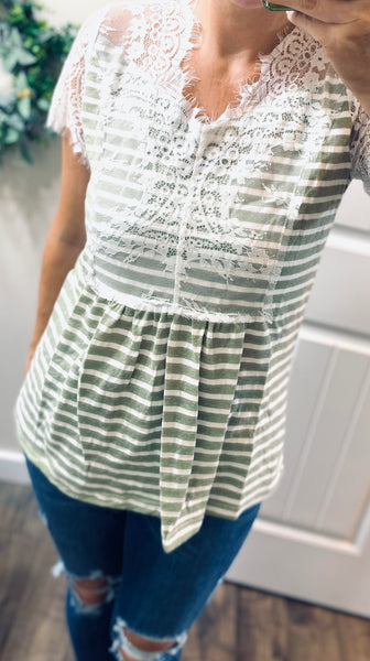 Stripes Of Olive Lace Top