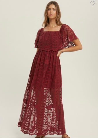 Burgundy Lace Overlay Maxi Dress